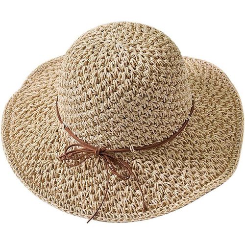 Asas-Chapeau De Paille D'eté Pour Femme Chapeau De Soleil Anti-Uv Pliable Capeline Large Bord Protection Soleil Upf50+ Fedora Réglable Chapeau De Plage Respirant Décoration Vacances Pour Extérieur Pêche