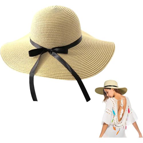 Asas-Chapeau De Paille Solaire À Large Bord Pour Femme,Pliable,Plage,Voyage Avec Décoration(Kaki)