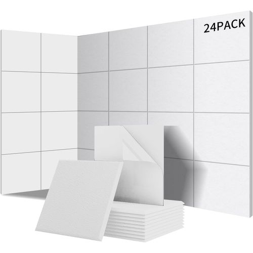 NAERYUT-Lot De 24 Panneaux Acoustiques Carrés Autocollants I Isolation Phonique Efficace Haute Densité (230Kg/M³) Nrc 0.95¿Parfaits Pour Murs Et Portes,Salle De Jeux,Porcelaine Blanche
