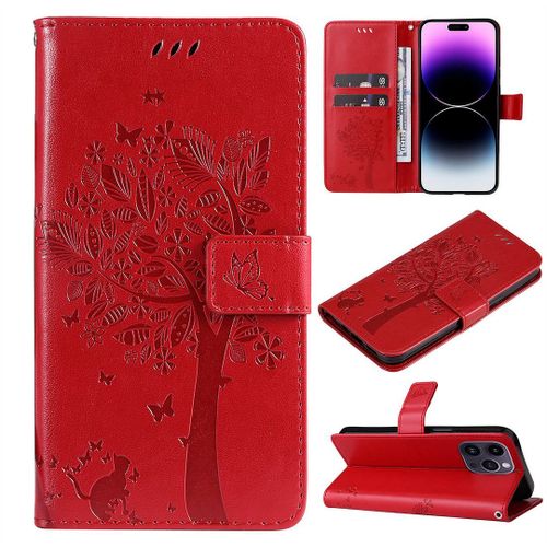 Saturcase Coque Pour Apple Iphone 15 Pro Max, Arbre À Chat Pu Cuir Magnétique Flip Portefeuille Support Porte-Carte Protecteur Housse Étui Avec Dragonne Pour Apple Iphone 15 Pro Max (Rouge)