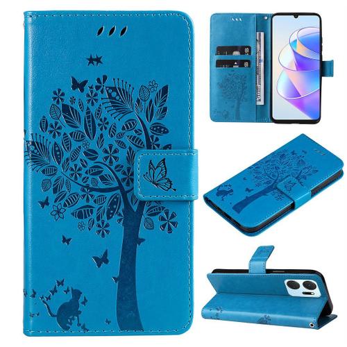 Saturcase Coque Pour Honor X7a, Arbre À Chat Pu Cuir Magnétique Flip Portefeuille Support Porte-Carte Protecteur Housse Étui Avec Dragonne Pour Honor X7a (Bleu)