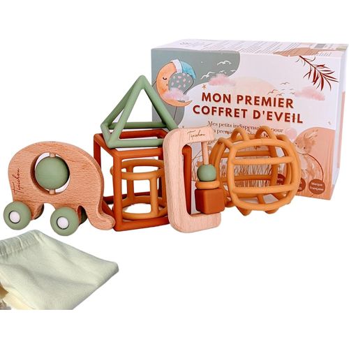 NAERYUT-Jouets D'Éveil Bébé 1Er Âge-Coffret Naissance Mixte Montessori Garçon Et Fille-5 Jeux D'Activité Et De Développement Sensoriel Bois Et Silicone,Balle,Formes,Hochet,Roues,3 Mois>3 Ans