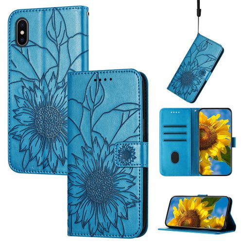 Saturcase Coque Pour Apple Iphone Xs Max, Tournesol Pu Cuir Magnétique Flip Portefeuille Support Porte-Carte Dragonne Protecteur Housse Étui Pour Apple Iphone Xs Max (He-Bleu)