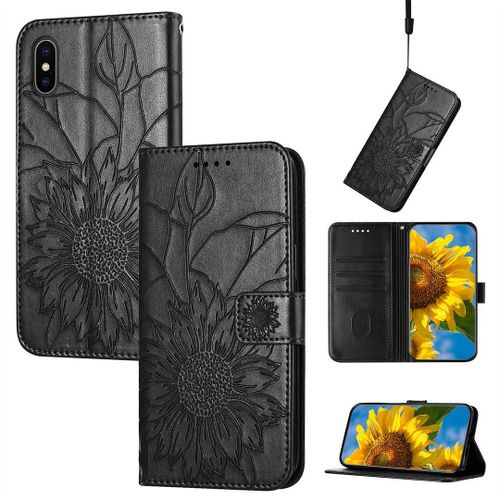 Saturcase Coque Pour Apple Iphone Xs Max, Tournesol Pu Cuir Magnétique Flip Portefeuille Support Porte-Carte Dragonne Protecteur Housse Étui Pour Apple Iphone Xs Max (He-Noir)