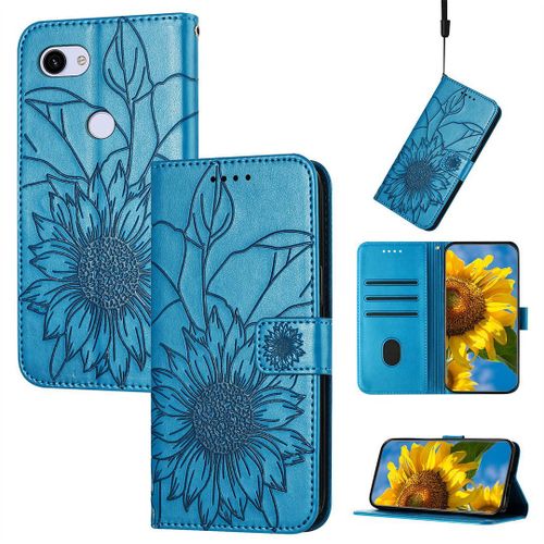 Saturcase Coque Pour Google Pixel 3a Xl, Tournesol Pu Cuir Magnétique Flip Portefeuille Support Porte-Carte Dragonne Protecteur Housse Étui Pour Google Pixel 3a Xl (He-Bleu)