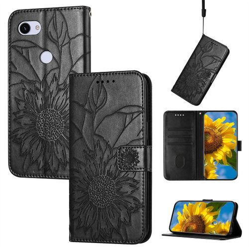Saturcase Coque Pour Google Pixel 3a Xl, Tournesol Pu Cuir Magnétique Flip Portefeuille Support Porte-Carte Dragonne Protecteur Housse Étui Pour Google Pixel 3a Xl (He-Noir)