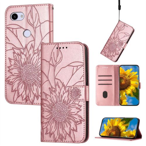 Saturcase Coque Pour Google Pixel 3a Xl, Tournesol Pu Cuir Magnétique Flip Portefeuille Support Porte-Carte Dragonne Protecteur Housse Étui Pour Google Pixel 3a Xl (He-Or Rose)