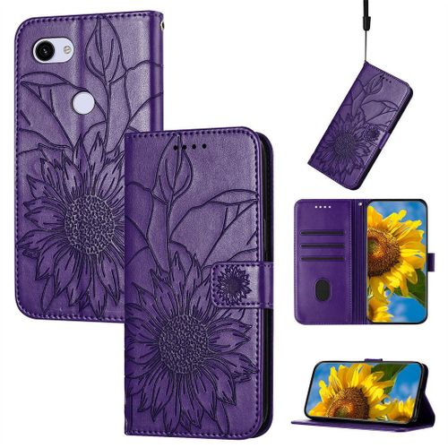 Saturcase Coque Pour Google Pixel 3a Xl, Tournesol Pu Cuir Magnétique Flip Portefeuille Support Porte-Carte Dragonne Protecteur Housse Étui Pour Google Pixel 3a Xl (He-Violet)
