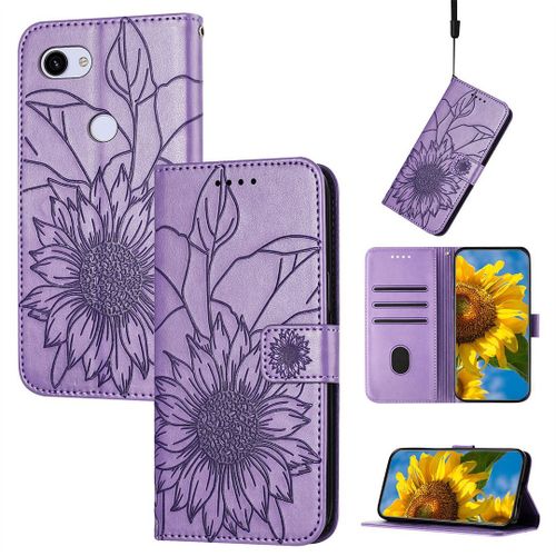 Saturcase Coque Pour Google Pixel 3a Xl, Tournesol Pu Cuir Magnétique Flip Portefeuille Support Porte-Carte Dragonne Protecteur Housse Étui Pour Google Pixel 3a Xl (He-Lavande)