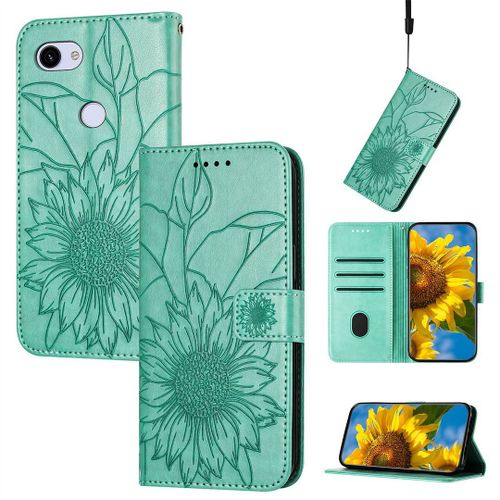 Saturcase Coque Pour Google Pixel 3a Xl, Tournesol Pu Cuir Magnétique Flip Portefeuille Support Porte-Carte Dragonne Protecteur Housse Étui Pour Google Pixel 3a Xl (He-Vert)