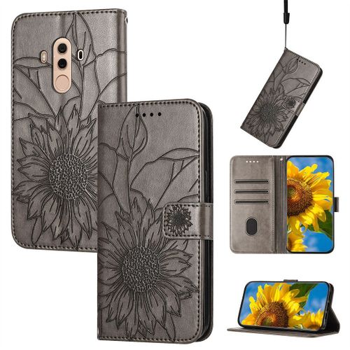 Saturcase Coque Pour Huawei Mate 10 Pro, Tournesol Pu Cuir Magnétique Flip Portefeuille Support Porte-Carte Dragonne Protecteur Housse Étui Pour Huawei Mate 10 Pro (He-Gris)