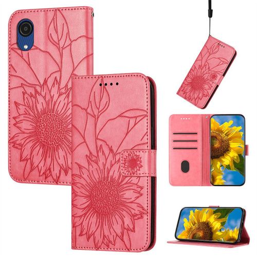 Saturcase Coque Pour Samsung Galaxy A03 Core, Tournesol Pu Cuir Magnétique Flip Portefeuille Support Porte-Carte Dragonne Protecteur Housse Étui Pour Samsung Galaxy A03 Core (He-Pink)