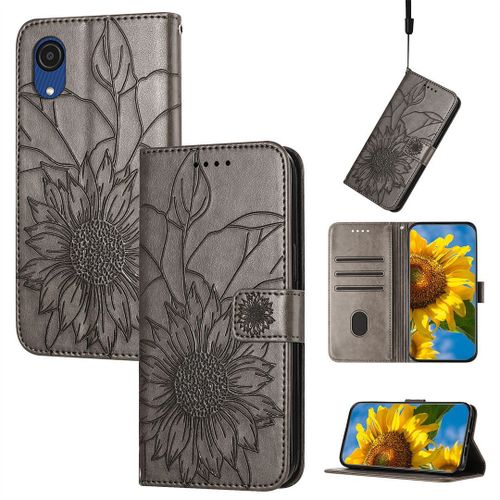 Saturcase Coque Pour Samsung Galaxy A03 Core, Tournesol Pu Cuir Magnétique Flip Portefeuille Support Porte-Carte Dragonne Protecteur Housse Étui Pour Samsung Galaxy A03 Core (He-Gris)