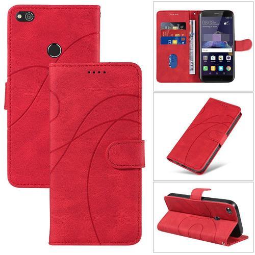 Saturcase Coque Pour Huawei P8 Lite 2017 / P9 Lite 2017, Courbe Pu Cuir Magnétique Flip Portefeuille Support Porte-Carte Dragonne Protecteur Housse Étui Pour Huawei P8 Lite 2017 / P9 Lite 2017 (Hx-Rouge)