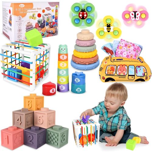 NAERYUT-6 En 1 Jeux Montessori Bébé Eveil,Jouets Sensoriels,Trieur De Formes,Jouets En Blocs,Boite Mouchoir Bebe,Jouets À Empiler,Jeux Montessori Pour Bebe 6 9 12 Mois 1 2 3 Ans