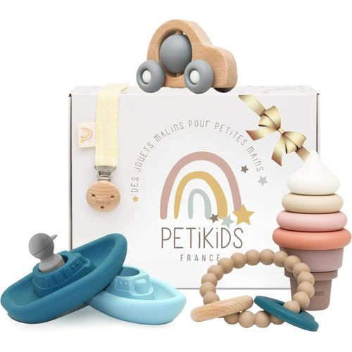 NAERYUT-Jouets D'Éveil Bebe 3-36 Mois-Coffret Cadeau Naissance-5 Jeux Montessori En Bois&Silicone: 1 Set De Jouets De Bain,1 Tour À Empiler,1 Anneau De Dentition,1 Voiture En Bois+1 Attache Sucette
