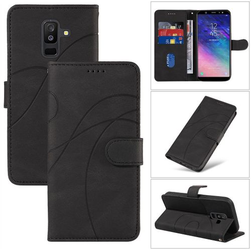 Saturcase Coque Pour Samsung Galaxy A6 Plus (2018), Courbe Pu Cuir Magnétique Flip Portefeuille Support Porte-Carte Dragonne Protecteur Housse Étui Pour Samsung Galaxy A6 Plus (2018) (Hx-Noir)