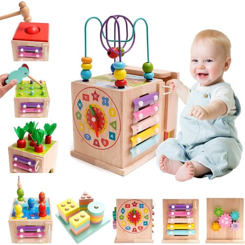 NAERYUT-Montessori Jouet Bebe 1 An |9 En 1 Cube D'Activités Motrices Dès 1 An |Frapper La Balle,Formes À Trier Empiler Jeu,Jouet De Récolte De Carottes,Jouet En Bois Pour Cadeau Fille Garcon Bébés 2