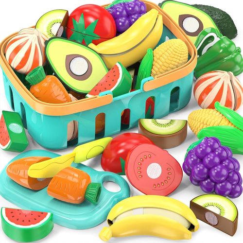 NAERYUT-Jouets Aliments Pour Enfants Pour Découper Et Jouer,Accessoires Factices De Dînette,Ensemble De Faux Fruits/Légumes Avec Panier De Rangement,Planche Et Couteau En Plastique,Cadeaux D'Annivers