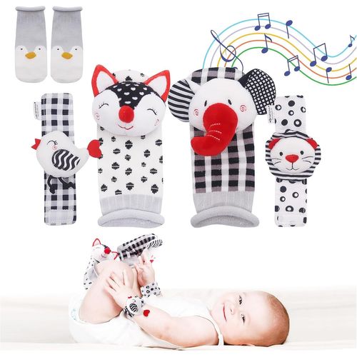 NAERYUT-Chaussettes Bébé Ensemble De Chaussettes Hochet Et Bracelets Pour Bébé 3 En 1-Jouets Pour Bébés De 0 À 12 Mois-Chaussettes D'Animaux Mignons Avec Hochets Intégrés