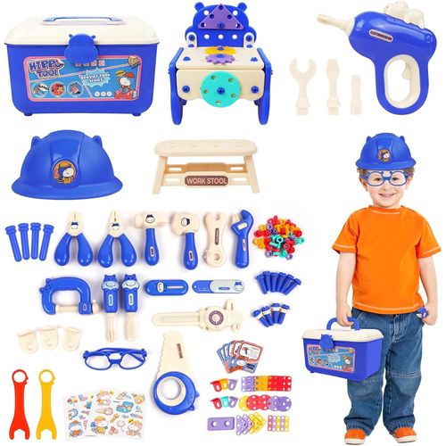 NAERYUT-Outils Enfant,218 Pièces Boite A Outils Enfant Avec Perceuse Électrique,Gilet Chantier,Casque,Etabli Enfant Malette Outils,Caisse Outil Jouet Jeu Rôle,Outils Travail Pour Enfant 3 Ans+