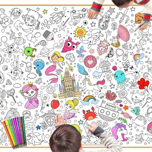 NAERYUT-Enfants Filles Poster À Colorier Avec Feutres,118 * 84Cm Géant Papier Poster À Coloriage Pour Enfants Filles Anniversaire Cadeaux Artisanat,Sirène Licorne Princesse Animal Marin Pirate Bonbon
