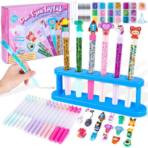 NAERYUT-Atelier De Stylos Bricolage Enfant,Idée Cadeau Fille 4 6 8 Ans,Activites Manuelles Pour Enfants 5 7 9 10 Ans,Set De Stylo Personnalisés Diy Avec 55+ Accessoires,Cadeau Anniversaire Fille Garc