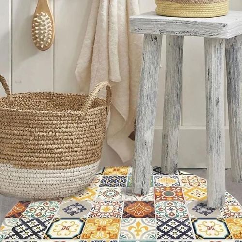 CARREAUX DE CIMENT - Tapis motifs carreaux de ciment jaune diam.60