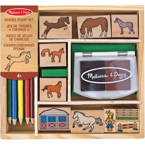 Jeu de timbres en bois Chevaux, Tampons, Cadeau pour filles et garçons, 9 timbres, tampon d¿encre, 5 crayons, Jouet créatif,[2399]
