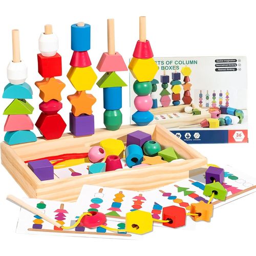 Montessori Jouet à Partir de 2, 3, 4, 5 Ans, 3 en 1 Jouets de Perles de laçage en Bois,Empilable y Enfiler Jouet,Perles de L[2759]