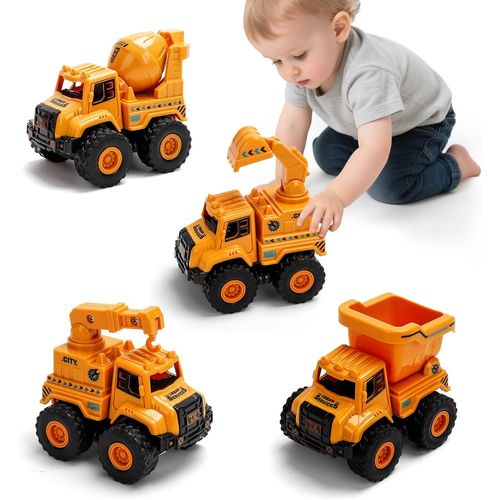 Camions de Chantier pour Enfants dès 2 Ans ¿ Set Véhicules Push and Go avec Grue, Pelleteuse, Camion Benne et Bétonnière ¿ J[3590]