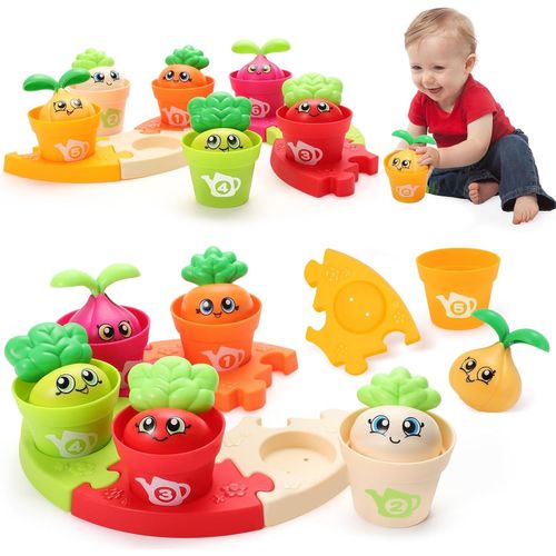 Jeux Montessori 1 an, Ensemble de 18 Pots de Fleurs et de Puzzles, Comptage, Assortiment, Tri des Couleurs et Jouets à Empil[3263]