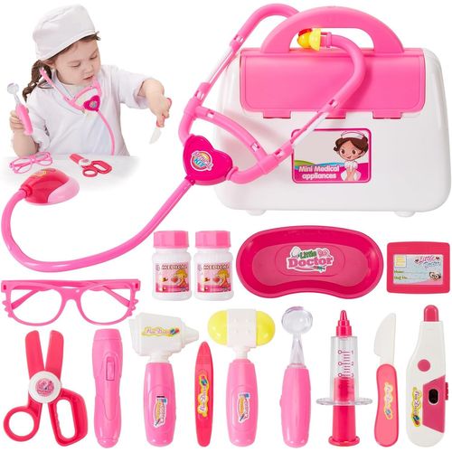 Malette Docteur Enfant Rose Jouet Medecin Outils avec Stéthoscope, Jeu d'imitation Cadeau pour Fille et Garcon 3 4 5 Ans[1541]
