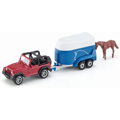 siku 1651, Jeep avec remorque pour chevaux, métal/plastique, multicouleur, 1 figurine cheval inclus, clapet de chargement ou[1004]