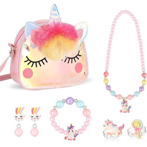 Licorne Sac A Main Bijoux Enfants Fille, Unicorn Collier Bracelet Boucle D'oreille Bagues Kit Bijoux Pour Cadeau Anniversair[38]