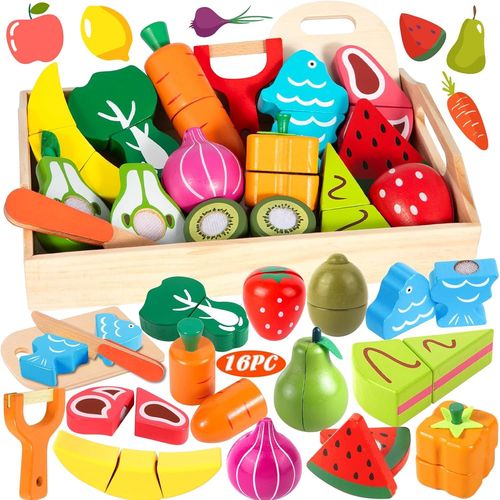 Jeu De Fruits Et Légumes En Bois - 16 Pièces Cuisine Enfant - Jouet Éducatif 1-3 Ans - Cadeau Pour Garçon Fille[1042]