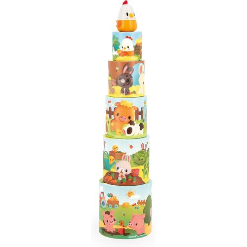 - Ma Première Pyramide - Animaux de la Ferme - Jouet d'Éveil - 5 Cubes à Empiler + 1 Poule en Bois - Développe Dextérité et [744]