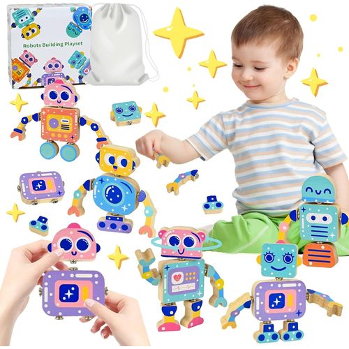 Bloc de Construction Montessori, 28 Pièce DIY Robots Assemblés Détachables, Jeux en Bois Enfant avec Boutons, Jouets en Bois[5167]