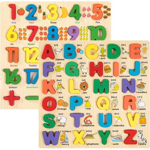 Puzzle en Bois ABC Alphabet Numéro Jouet Ensemble, Montessori Éducatif Coloré Forme Assortir et Trier pour Tout Petits Garco[5227]
