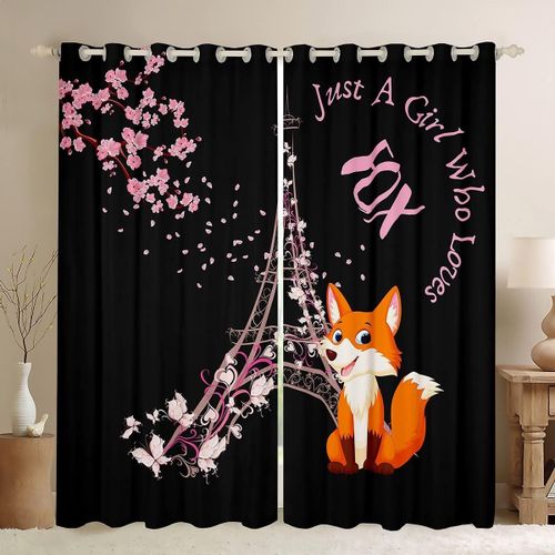 Rideaux De Fenetre Paris Tour Eiffel, Mignon Dessin Anime Renard Animal Sauvage Rideaux De Fenetre Pour Enfants Jeune Homme, Fleurs Roses Romantiques Florales Modernes Pour Chambre A Coucher, Rid