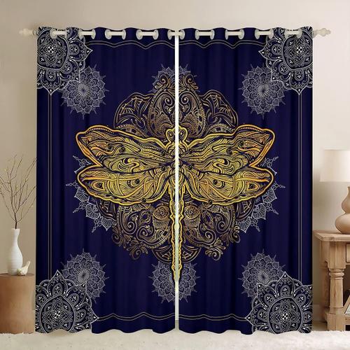 Rideaux De Fenetre En Dentelle Libellule Doree, Pour Adolescents Et Femmes Adultes, Rideaux Imprimes De Fleurs De Mandala Exotiques Pour Chambre A Coucher, Boheme, Violet Marine, Salon, Bureau