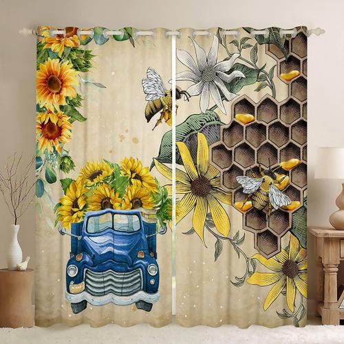 Rideaux De Camion De Tournesol Pour Enfants, Rideaux De Fenetre En Nid D'abeille Floral Nature Bee Pour Chambre A Coucher, Rideau A ?Illets De Ferme Rustique, Decor Superieur