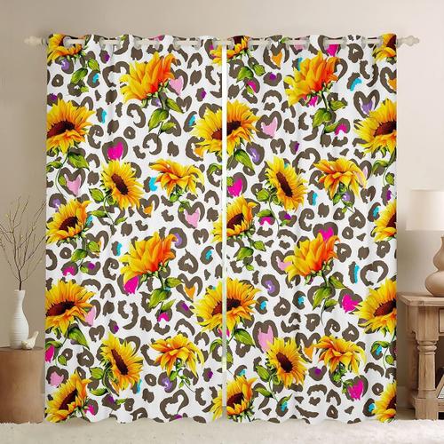 Rideaux De Tournesol Imprime Leopard Pour Adolescents, Rideaux De Fenetre A Fleurs Jaunes Pour Chambre A Coucher, Traitements De Fenetre Floraux Botaniques, Nature W*L