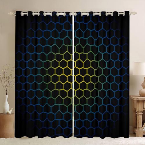 Rideaux De Fenetre Hexagonaux Noirs Et Jaunes, Verts Et Bleus, Pour Chambre A Coucher, Salon, Rideaux De Fenetre En Nid D'abeille, Traitement De Fenetre Geometrique Simpliste En Ruche