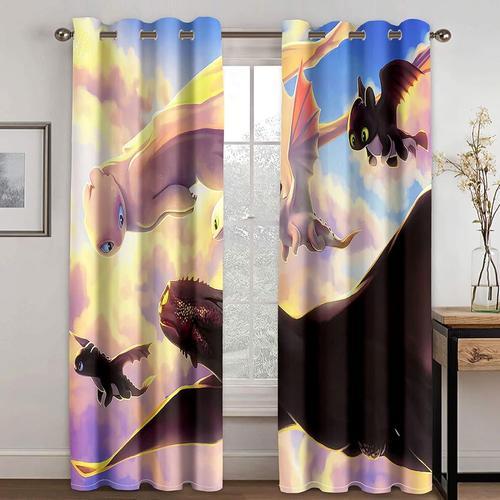 Rideaux Modernes A ?Illets, Rideaux Occultants Imprimes De Dragon De Dessin Anime Mignon, Pour Salon, Chambre A Coucher, Rideaux Pour Enfants, Decoration De Chambre D'enfant Avec Anneau