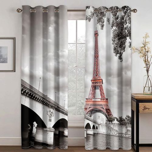 Rideaux Occultants A Oeillets Pour Chambre A Coucher, Rideaux Pour Enfants A Motif Tour Eiffel Noir Et Blanc A La Mode, Rideaux Occultants Pour Decoration De La Maison Pour Chambre D'enfant
