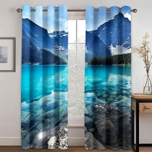 Rideaux Occultants Pour Salon Et Chambre A Coucher - Rideaux Pour Enfants A Oeillets Occultants - Rideaux De Decoration De Paysage De Montagne De Neige De Lac Bleu, Goutte Superieure A Anneau