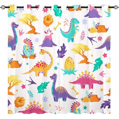 Rideaux De Dinosaures Mignons ¿C Animaux De La Jungle Colores Pour Enfants, Arbre Dinosaure, Volcans, Motif Imprime, ?Illets Occultants, Rideaux Thermiques Pour Chambre De Bebe, Chambre D'enfant