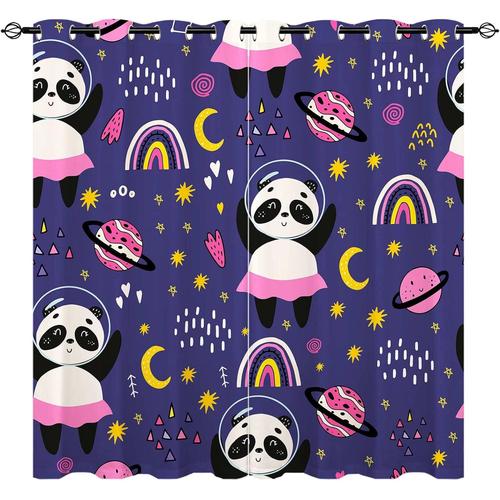 Rideaux Space Panda ¿C Enfants Doodle Bear Panda Fille Dans Une Jupe Avec Motif Imprime Planete Arc-En-Ciel A ?Illets Occultants Pour Chambre De Bebe