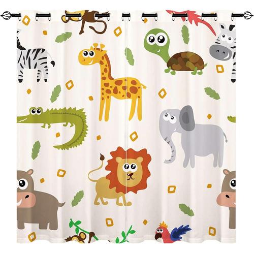 Rideaux Animaux Africains ¿C Singe, Girafe, Tortue, Zebre, Elephant, Lion, Hippopotame, Perroquet, Motif Imprime, ?Illets Occultants, Rideaux De Fenetre Thermiques Pour Enfants, Chambre D'enfant,